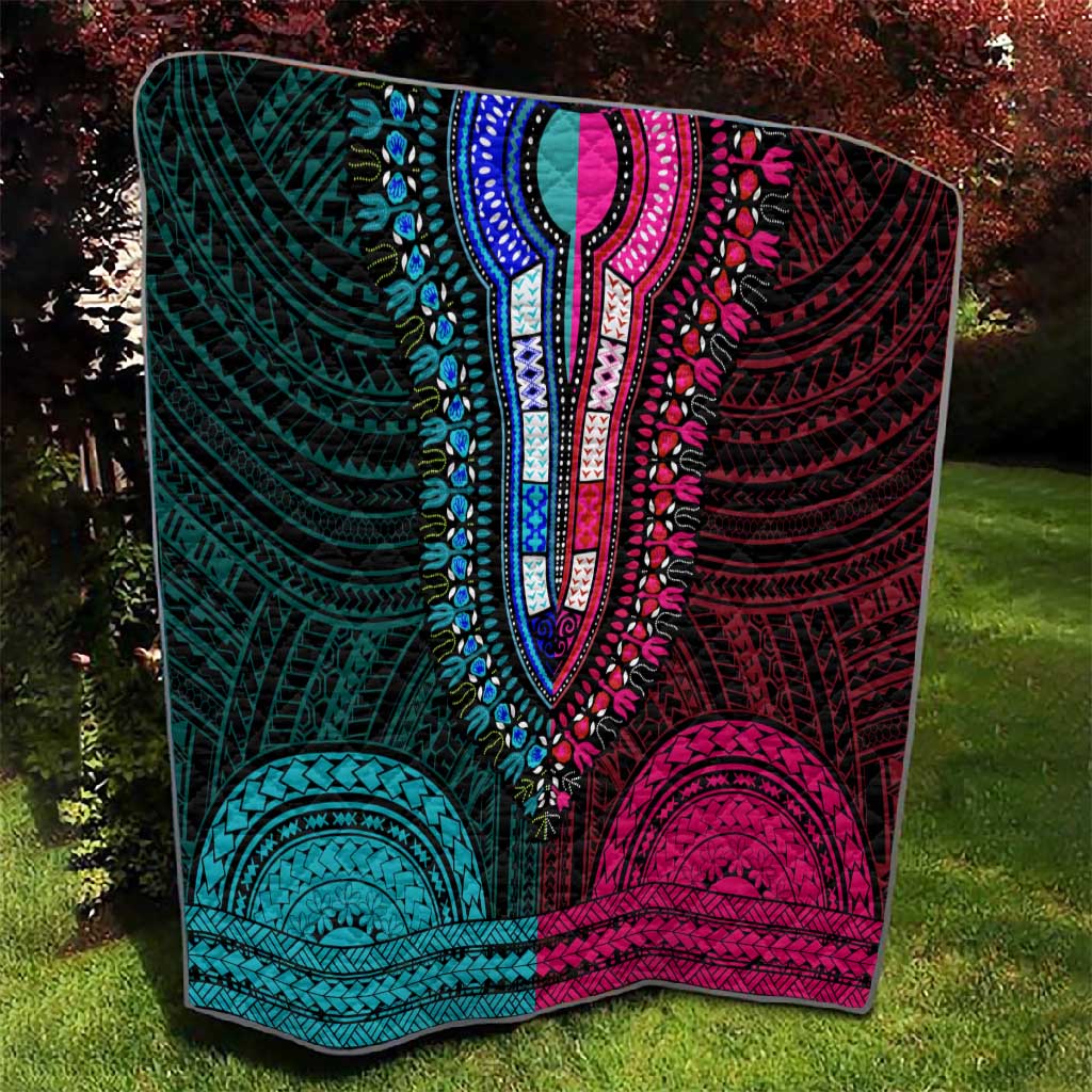 African Dashiki and Polynesian Pattern Quilt Half Teal-Pink LT9