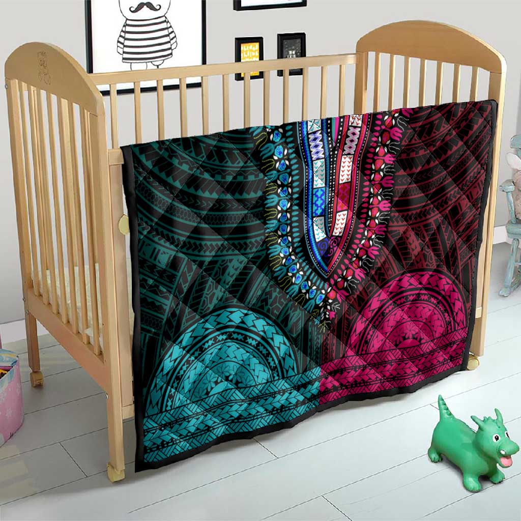 African Dashiki and Polynesian Pattern Quilt Half Teal-Pink LT9