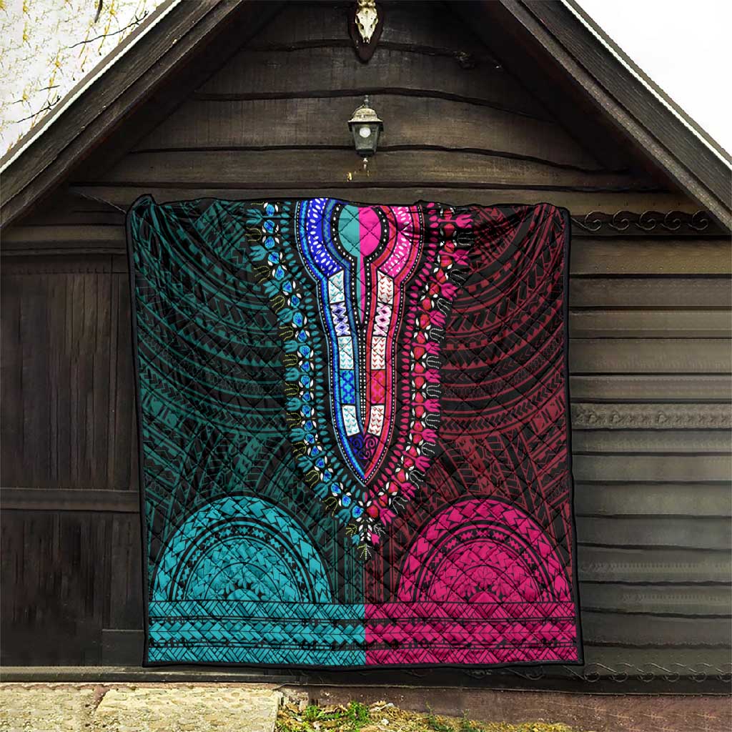 African Dashiki and Polynesian Pattern Quilt Half Teal-Pink LT9