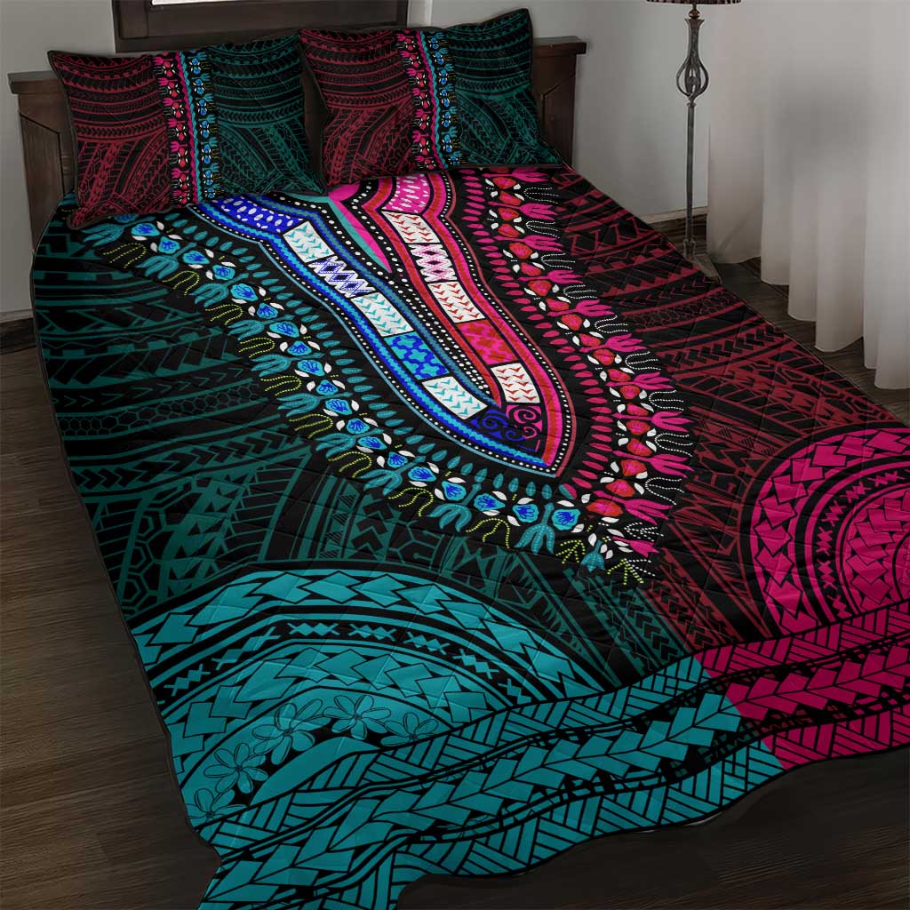 African Dashiki and Polynesian Pattern Quilt Bed Set Half Teal-Pink LT9