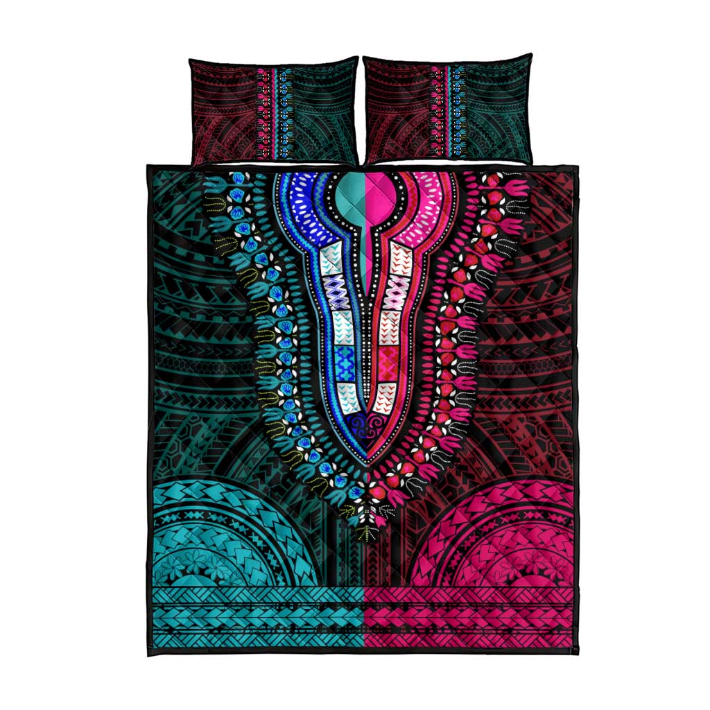 African Dashiki and Polynesian Pattern Quilt Bed Set Half Teal-Pink LT9