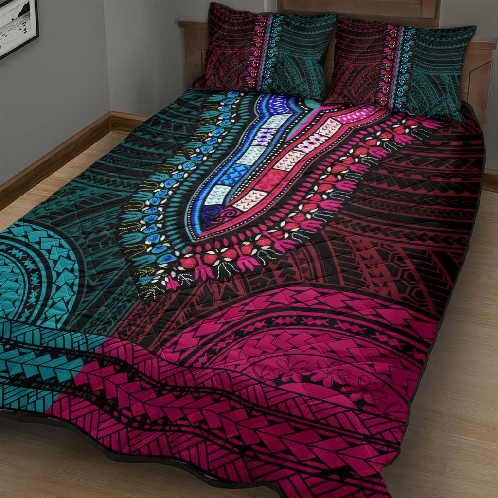 African Dashiki and Polynesian Pattern Quilt Bed Set Half Teal-Pink LT9