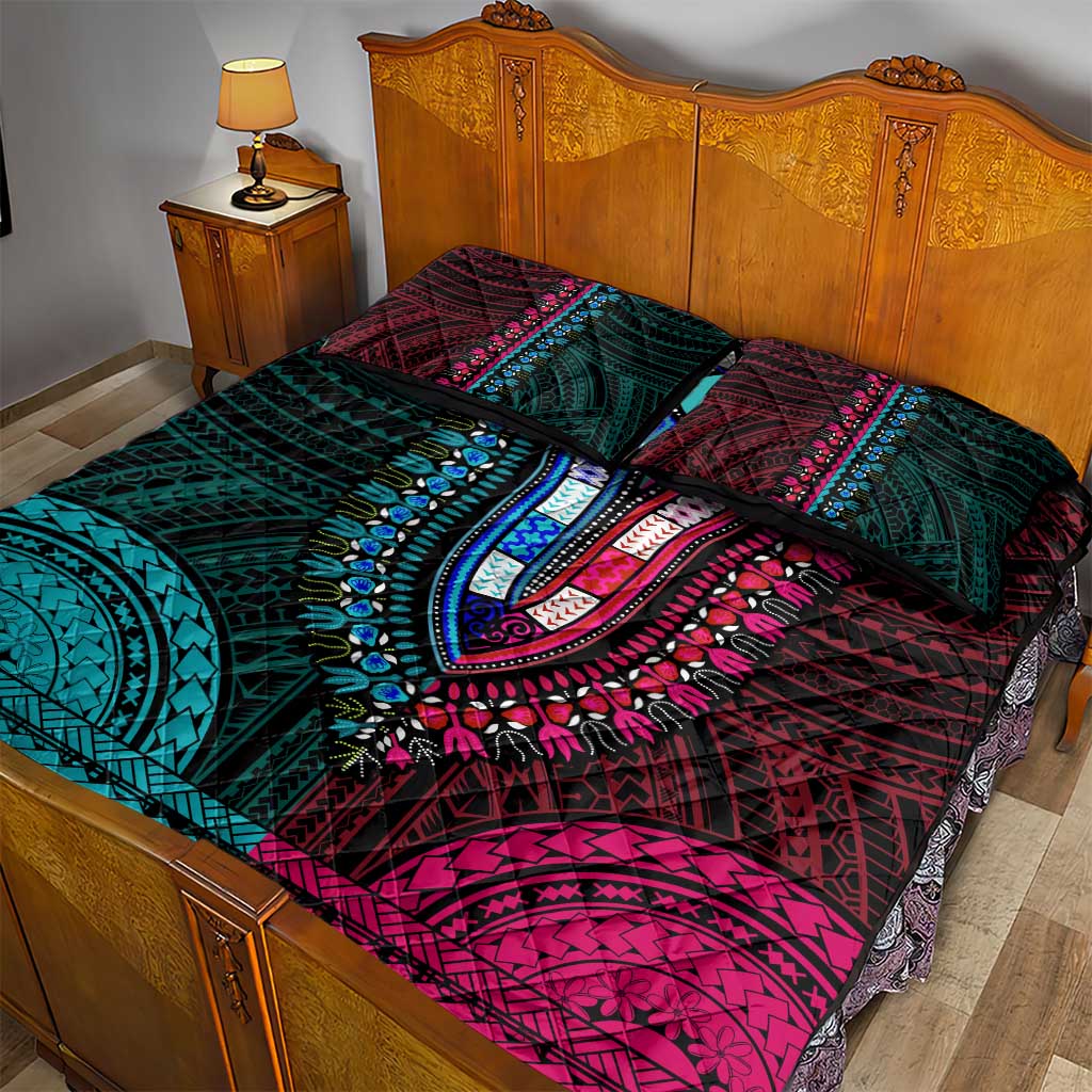 African Dashiki and Polynesian Pattern Quilt Bed Set Half Teal-Pink LT9