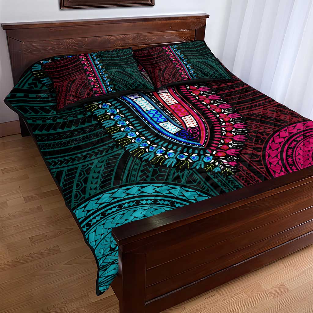 African Dashiki and Polynesian Pattern Quilt Bed Set Half Teal-Pink LT9