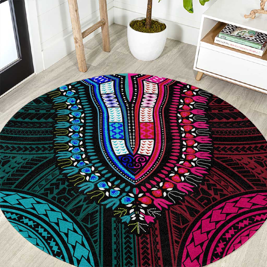African Dashiki and Polynesian Pattern Round Carpet Half Teal-Pink LT9