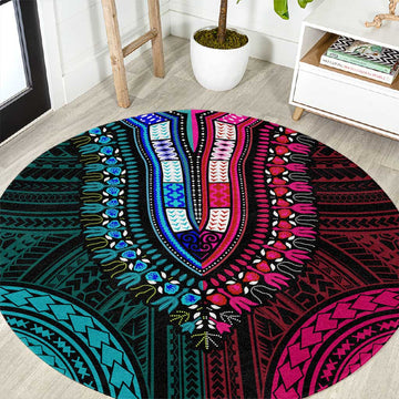 African Dashiki and Polynesian Pattern Round Carpet Half Teal-Pink LT9