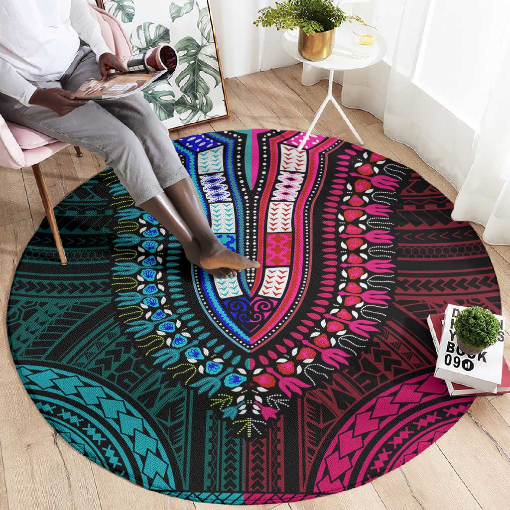 African Dashiki and Polynesian Pattern Round Carpet Half Teal-Pink LT9