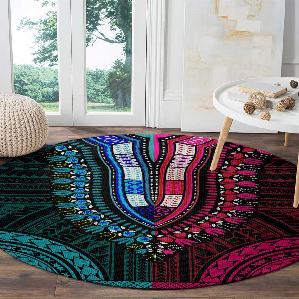 African Dashiki and Polynesian Pattern Round Carpet Half Teal-Pink LT9