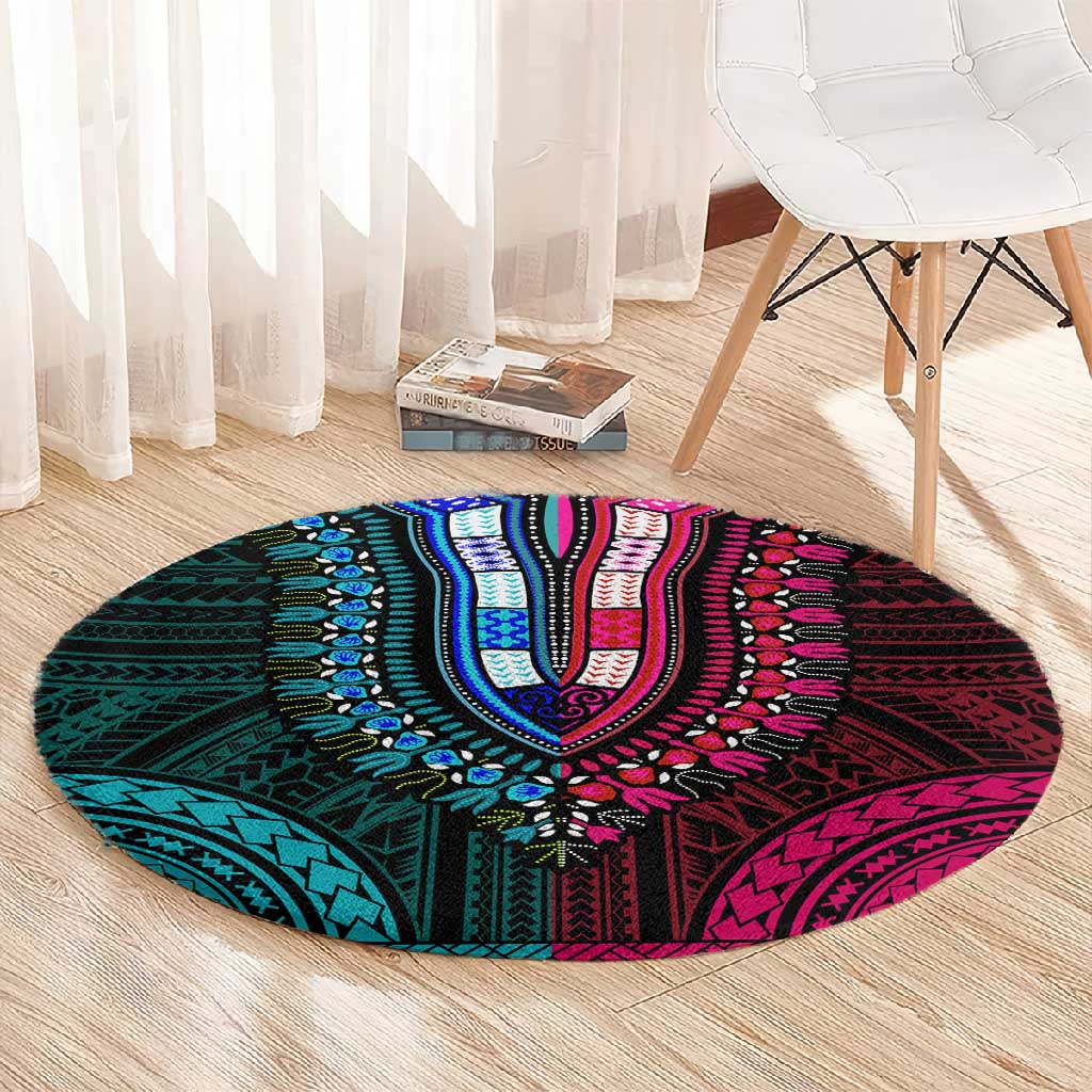 African Dashiki and Polynesian Pattern Round Carpet Half Teal-Pink LT9
