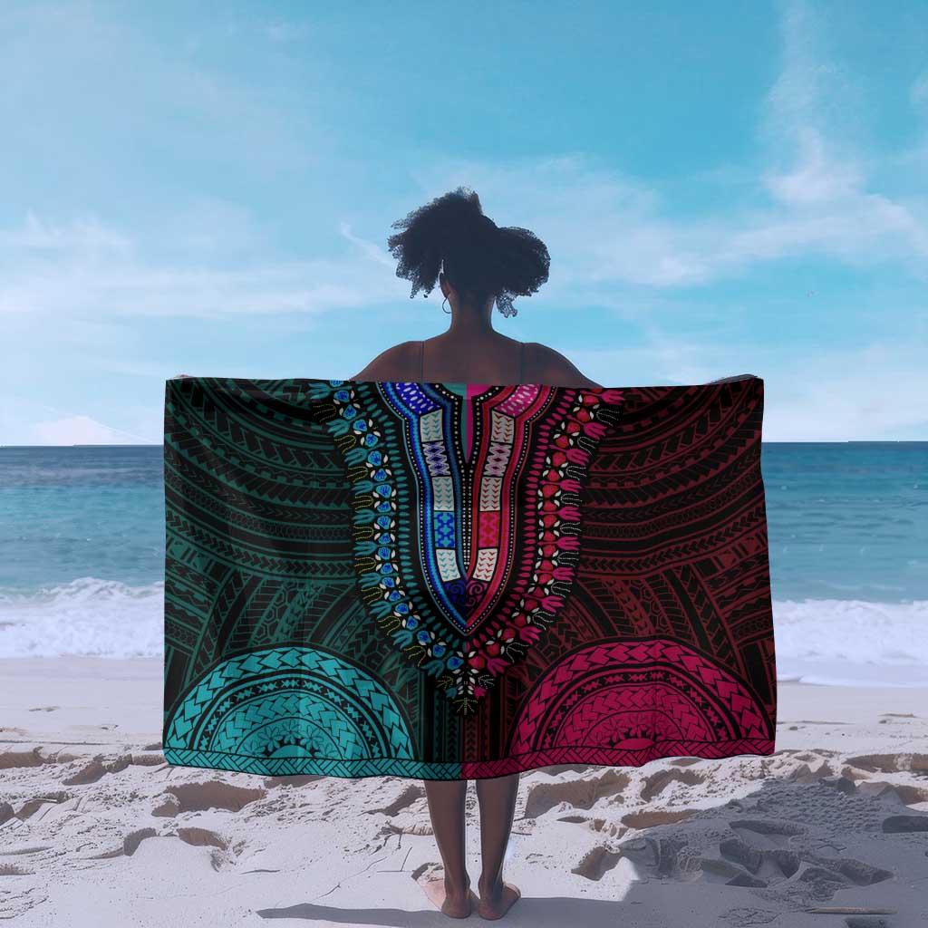 African Dashiki and Polynesian Pattern Sarong Half Teal-Pink LT9