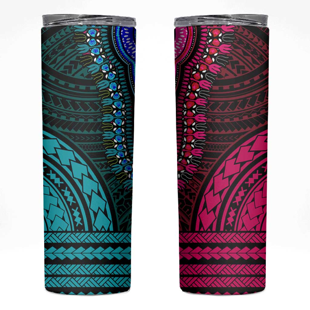 African Dashiki and Polynesian Pattern Skinny Tumbler Half Teal-Pink LT9