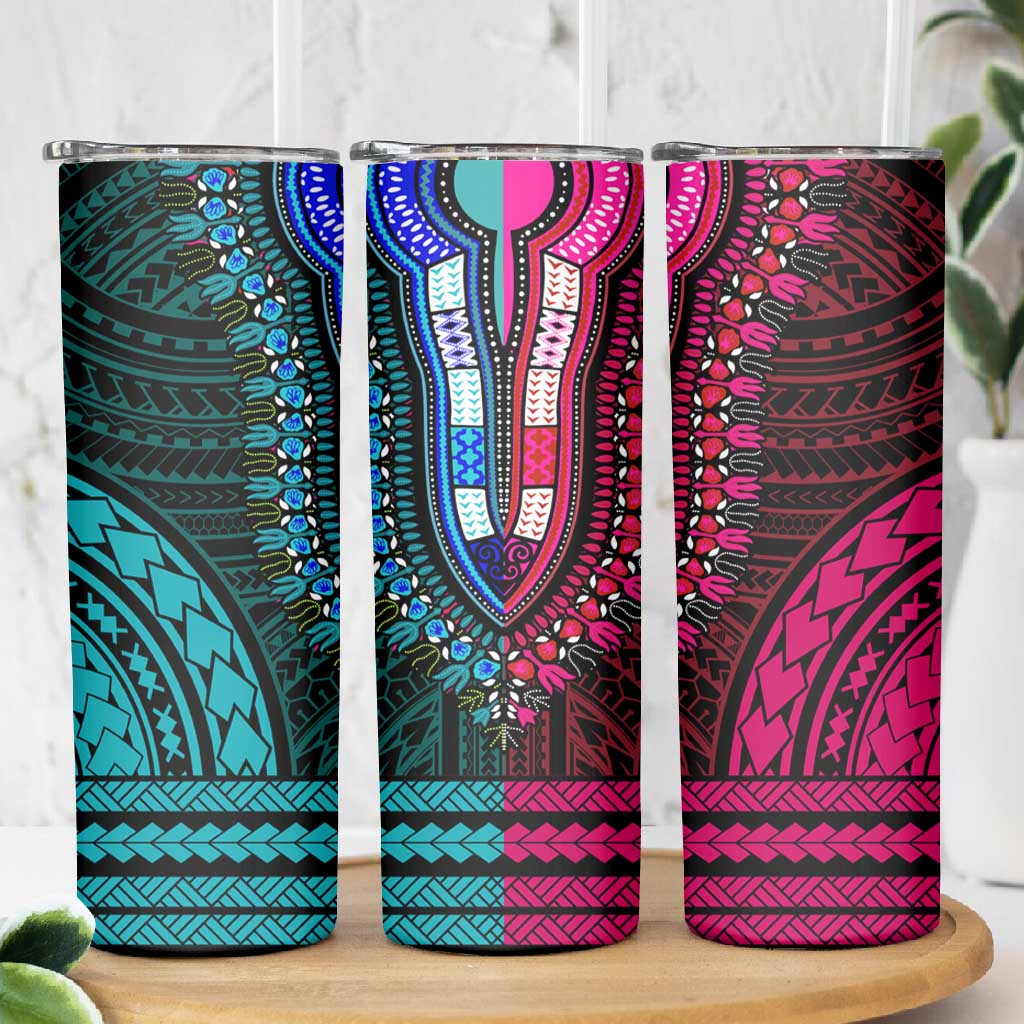 African Dashiki and Polynesian Pattern Skinny Tumbler Half Teal-Pink LT9