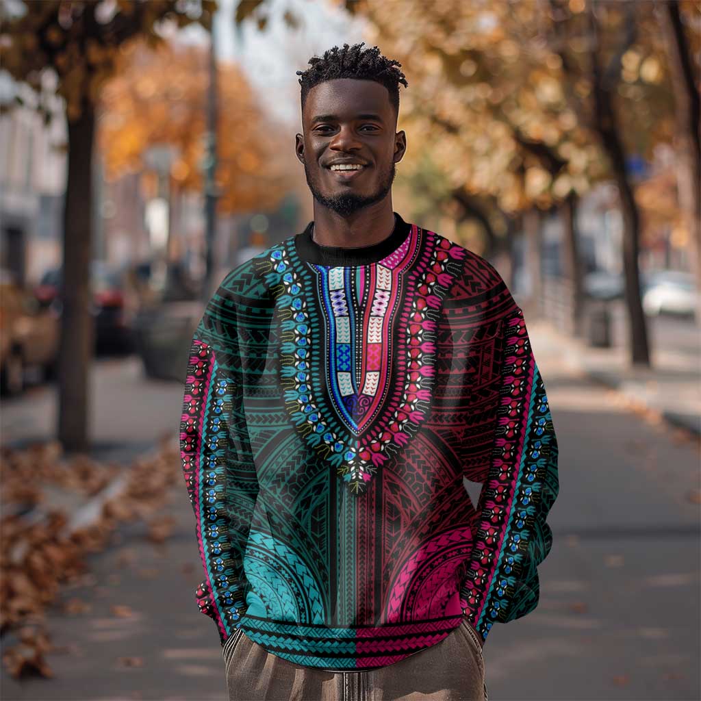 African Dashiki and Polynesian Pattern Sweatshirt Half Teal-Pink LT9