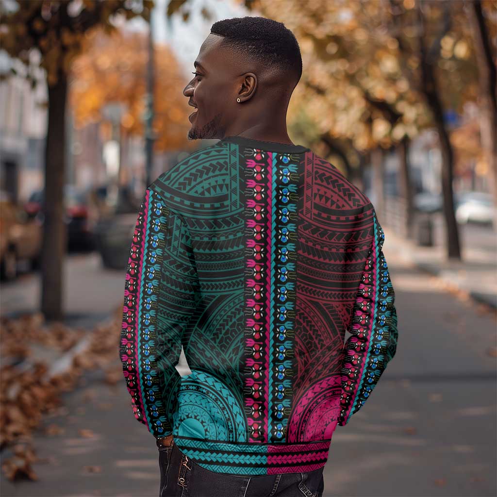 African Dashiki and Polynesian Pattern Sweatshirt Half Teal-Pink LT9