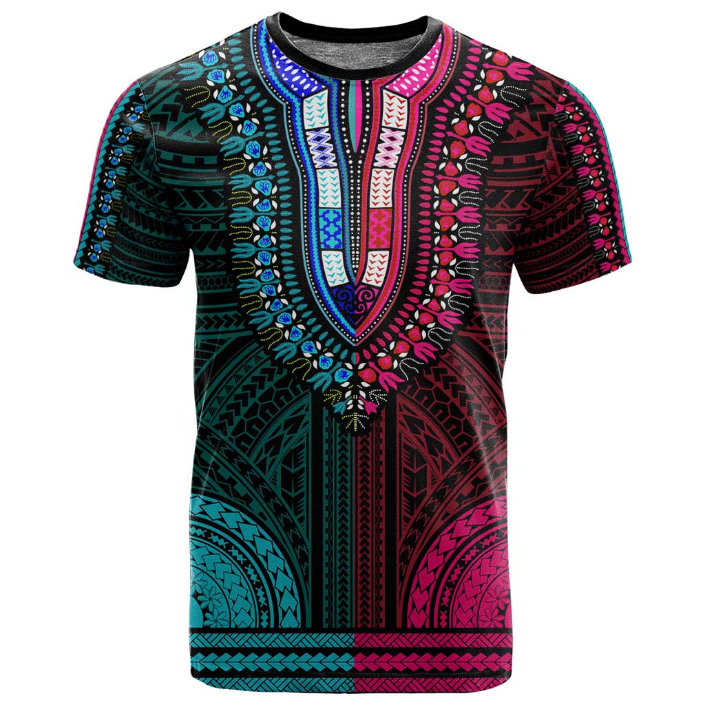 African Dashiki and Polynesian Pattern T shirt Half Teal-Pink LT9