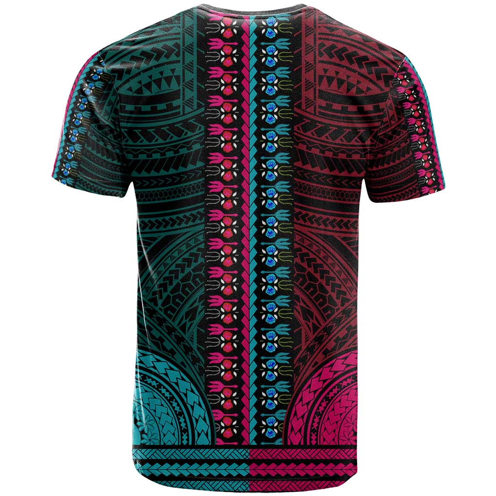 African Dashiki and Polynesian Pattern T shirt Half Teal-Pink LT9