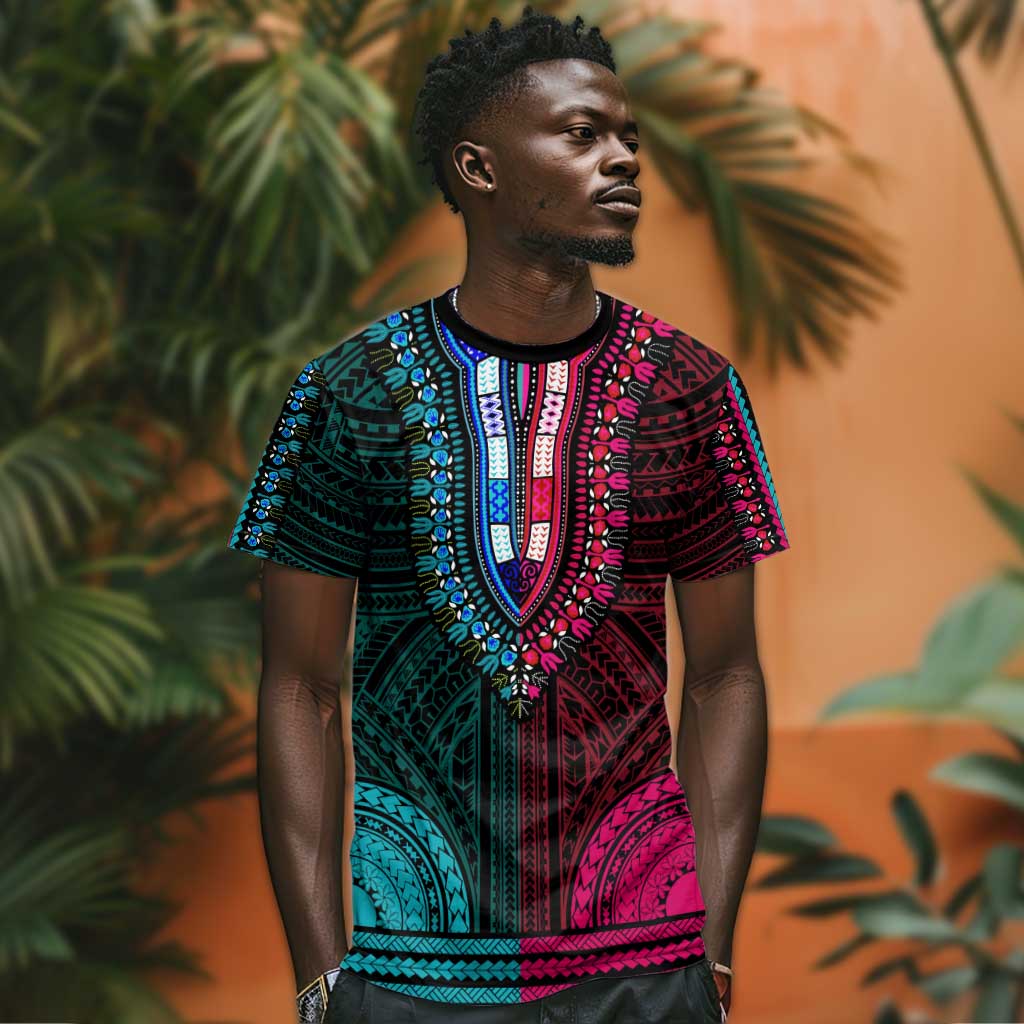 African Dashiki and Polynesian Pattern T shirt Half Teal-Pink LT9