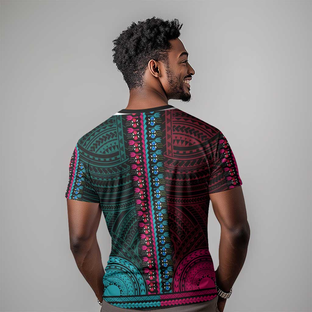 African Dashiki and Polynesian Pattern T shirt Half Teal-Pink LT9