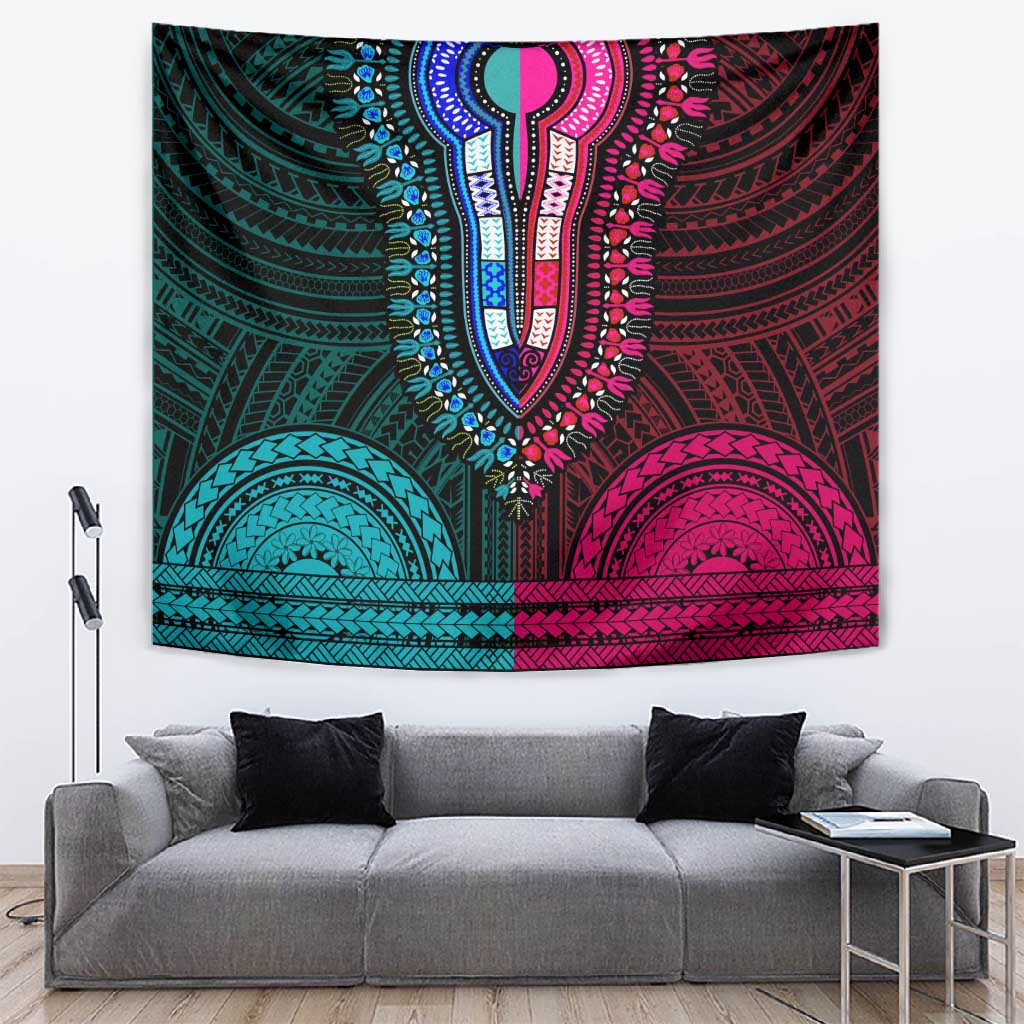 African Dashiki and Polynesian Pattern Tapestry Half Teal-Pink LT9