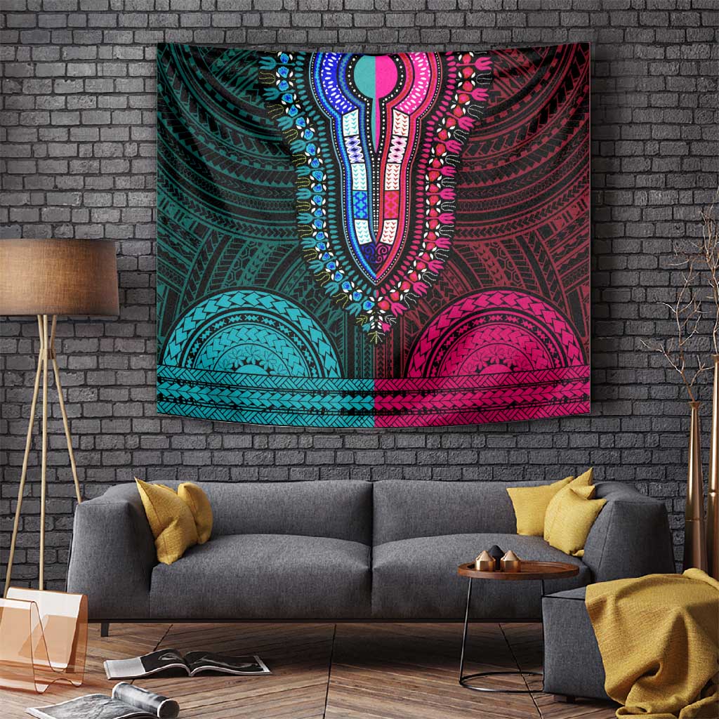 African Dashiki and Polynesian Pattern Tapestry Half Teal-Pink LT9