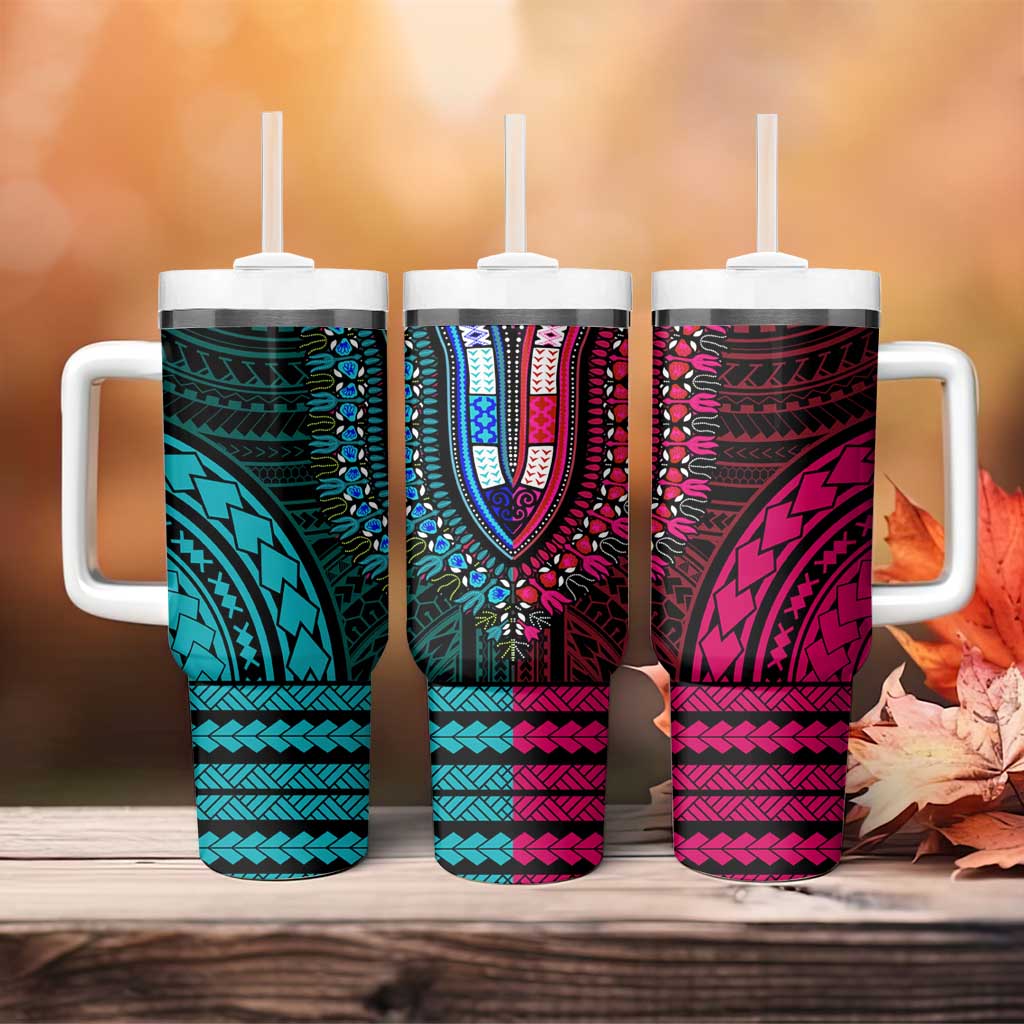 African Dashiki and Polynesian Pattern Tumbler With Handle Half Teal-Pink LT9