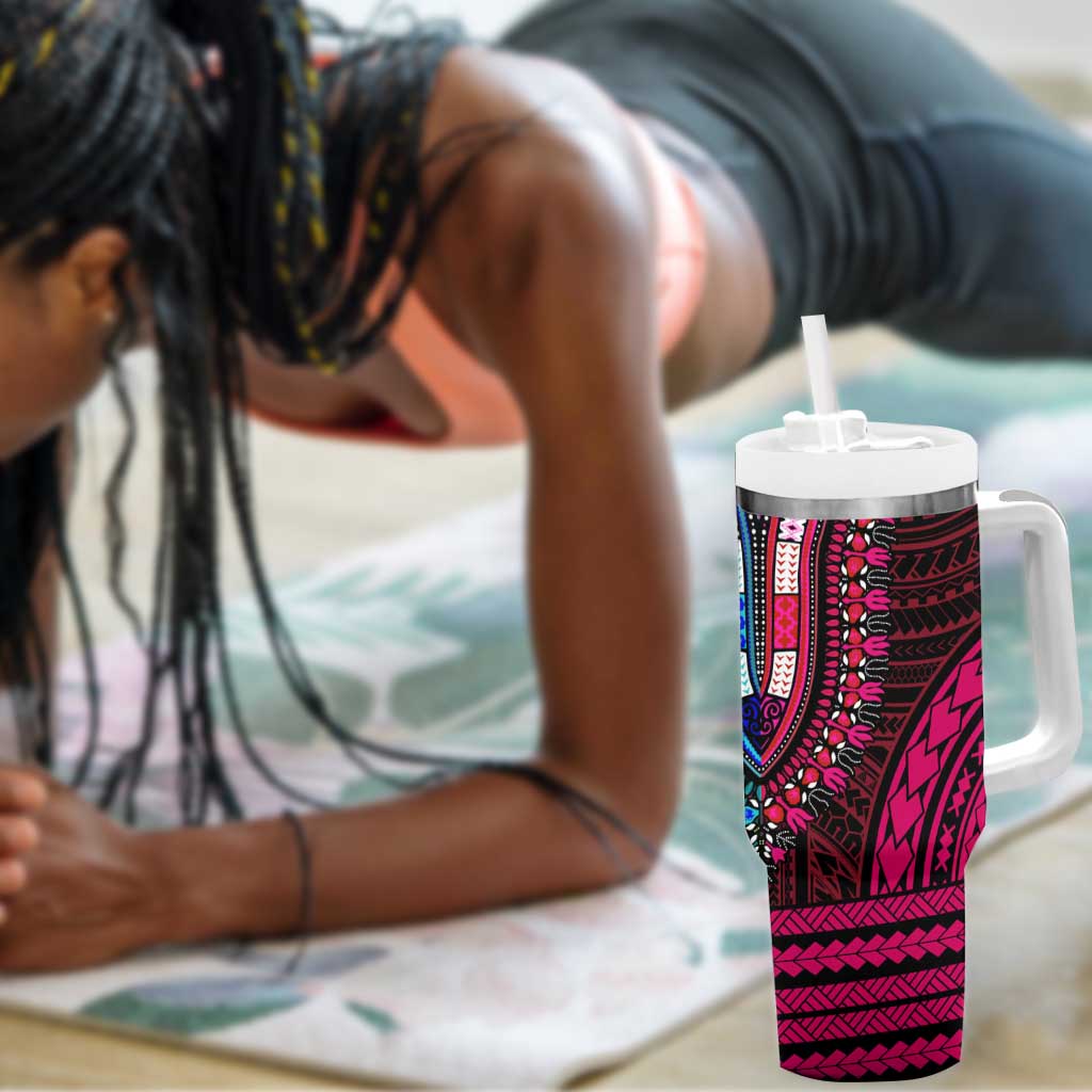African Dashiki and Polynesian Pattern Tumbler With Handle Half Teal-Pink LT9