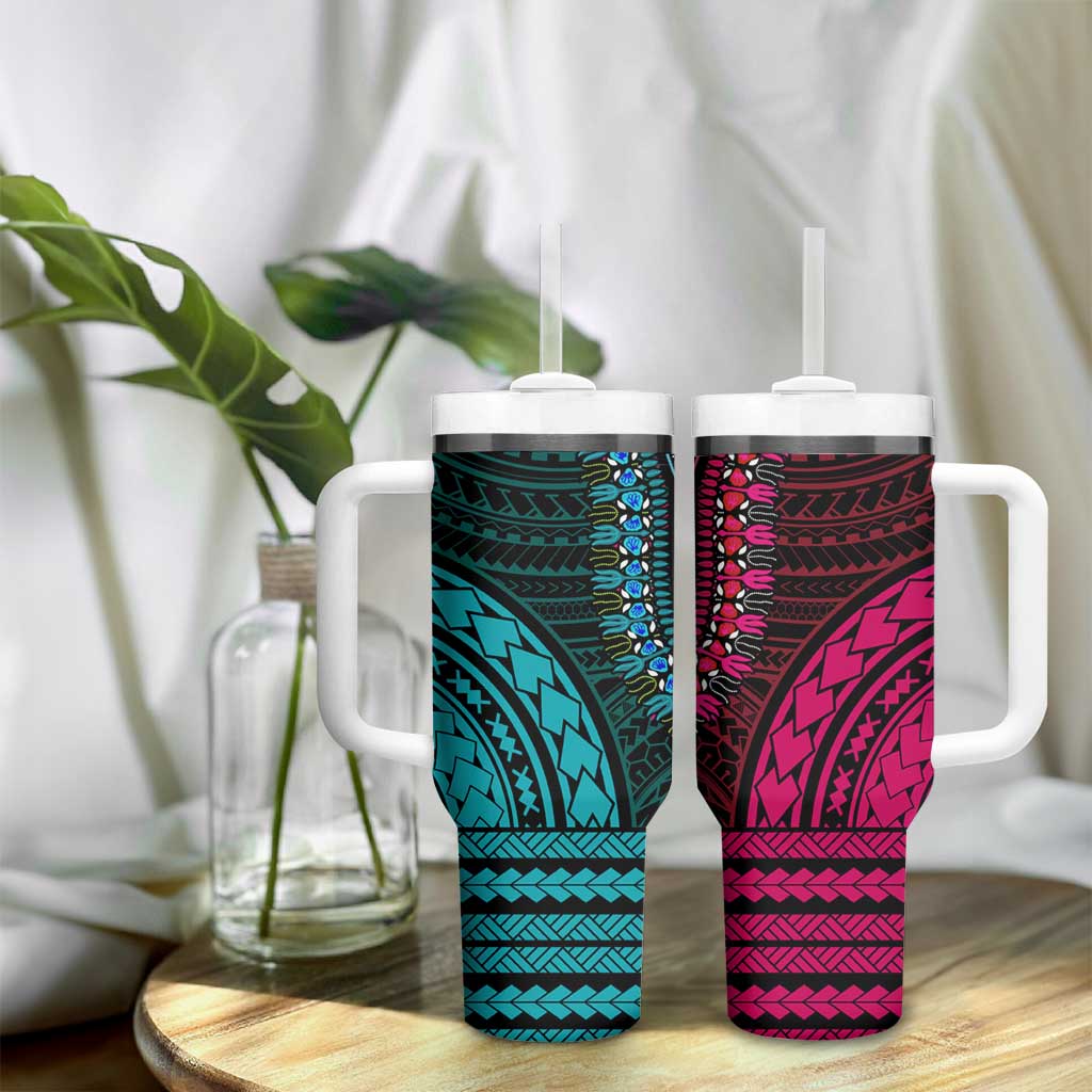 African Dashiki and Polynesian Pattern Tumbler With Handle Half Teal-Pink LT9