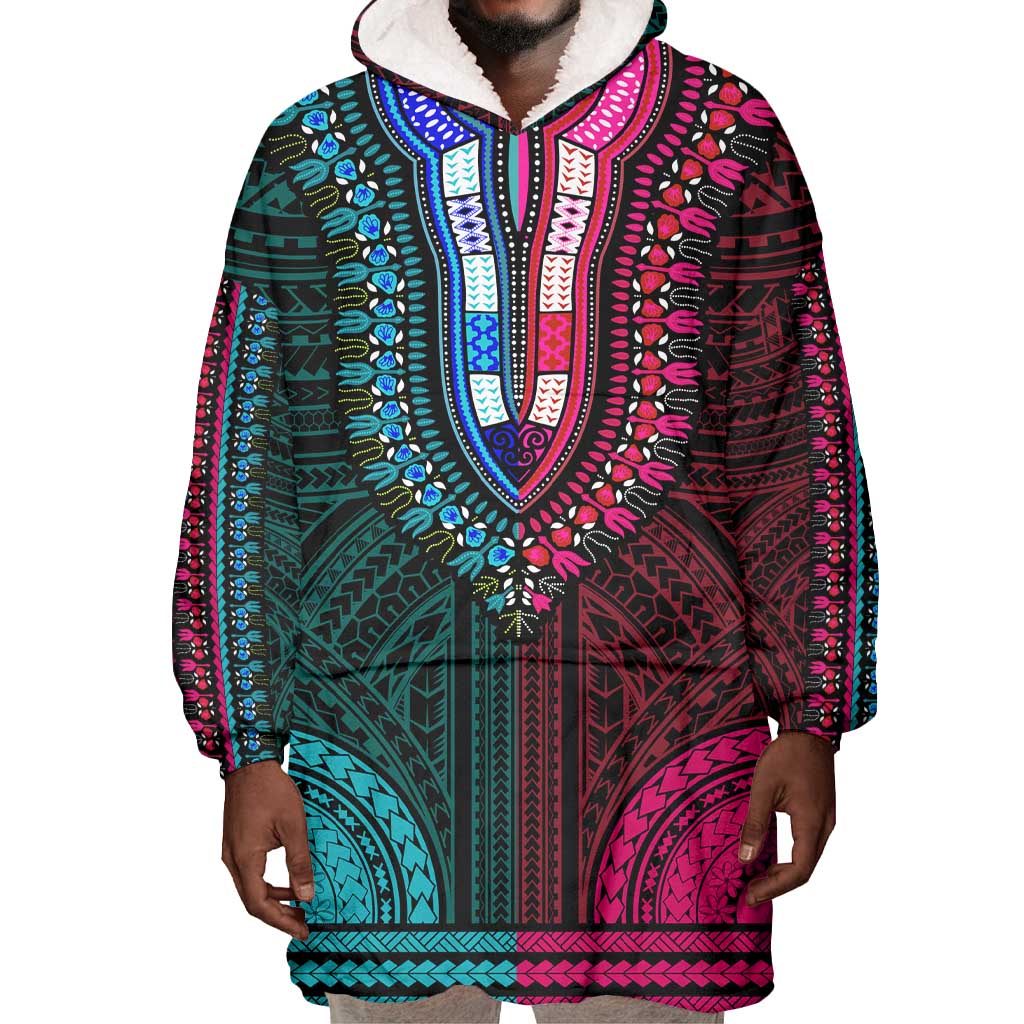 African Dashiki and Polynesian Pattern Wearable Blanket Hoodie Half Teal-Pink LT9