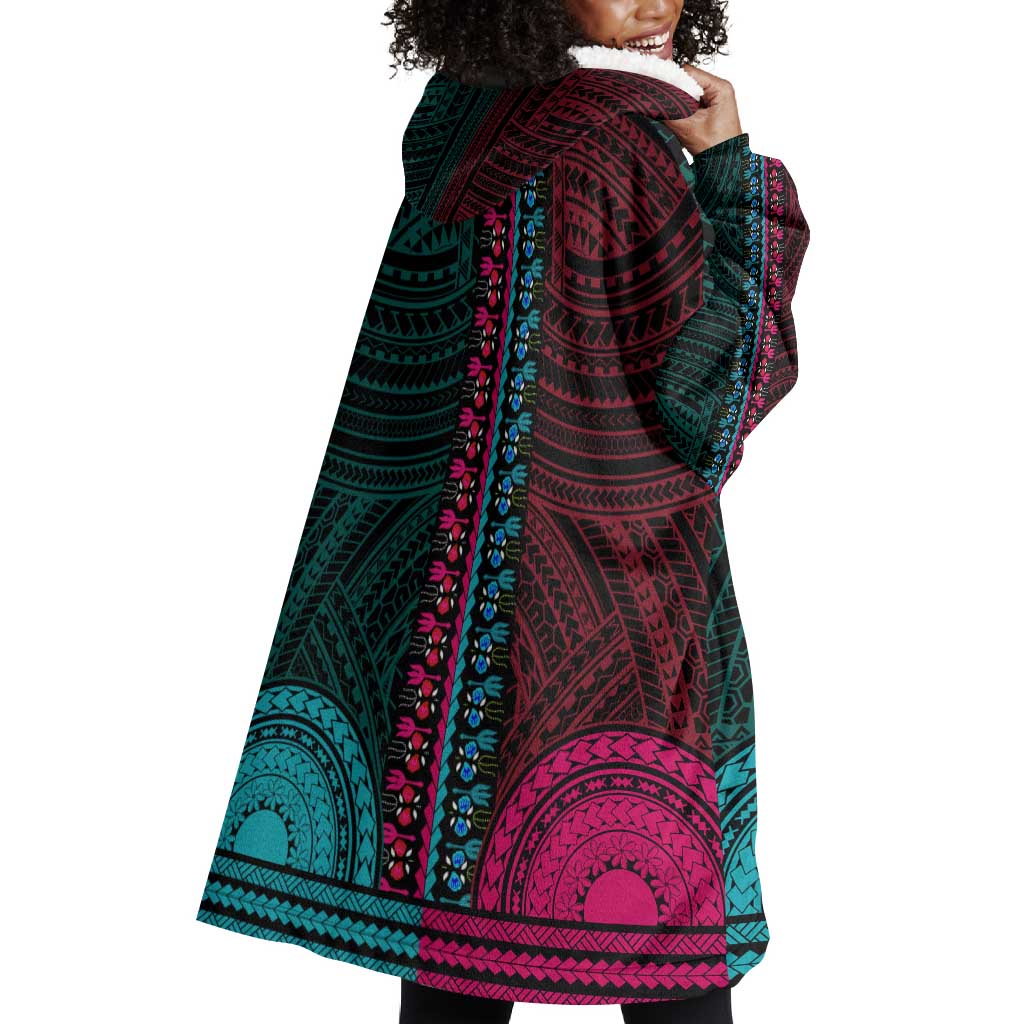 African Dashiki and Polynesian Pattern Wearable Blanket Hoodie Half Teal-Pink LT9