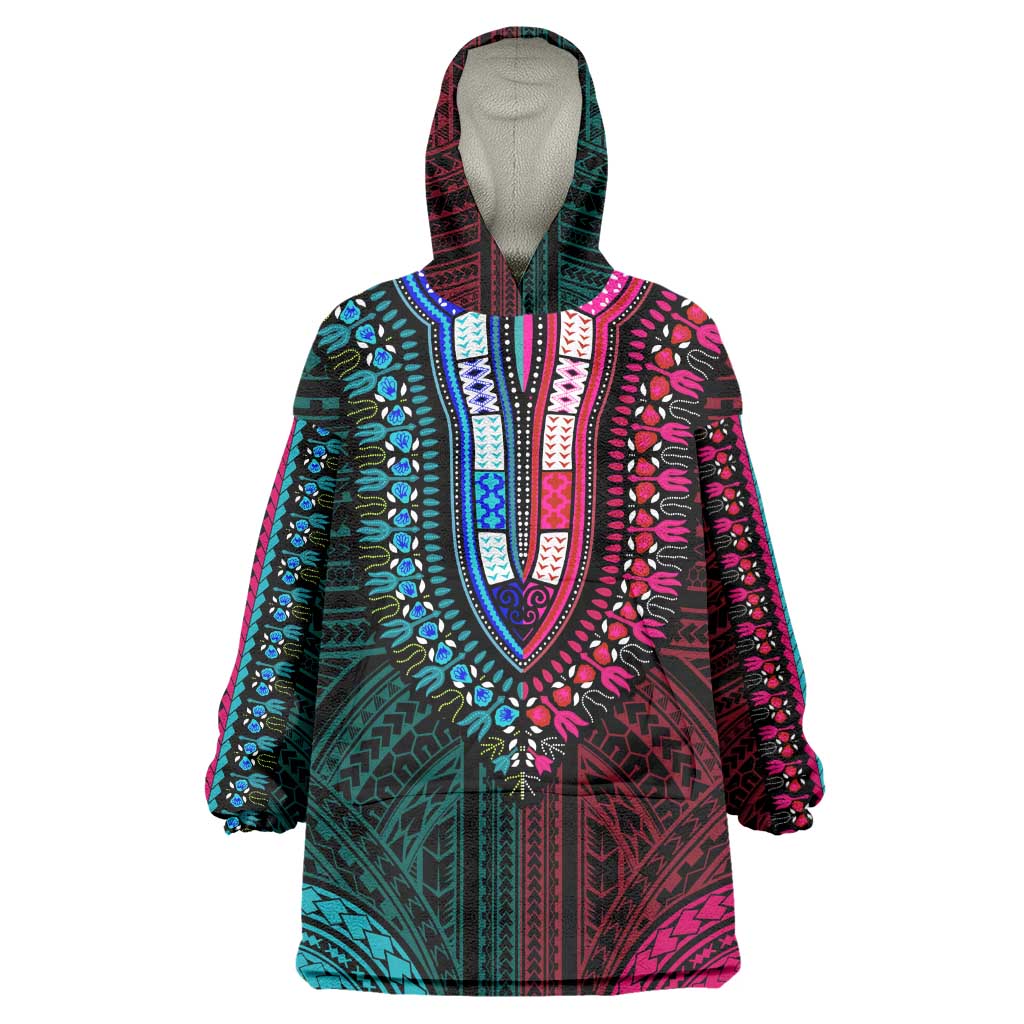 African Dashiki and Polynesian Pattern Wearable Blanket Hoodie Half Teal-Pink LT9