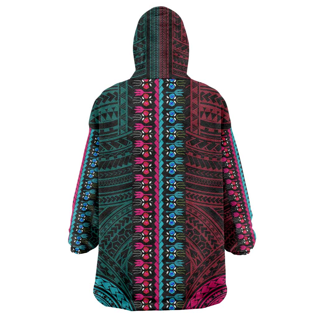 African Dashiki and Polynesian Pattern Wearable Blanket Hoodie Half Teal-Pink LT9