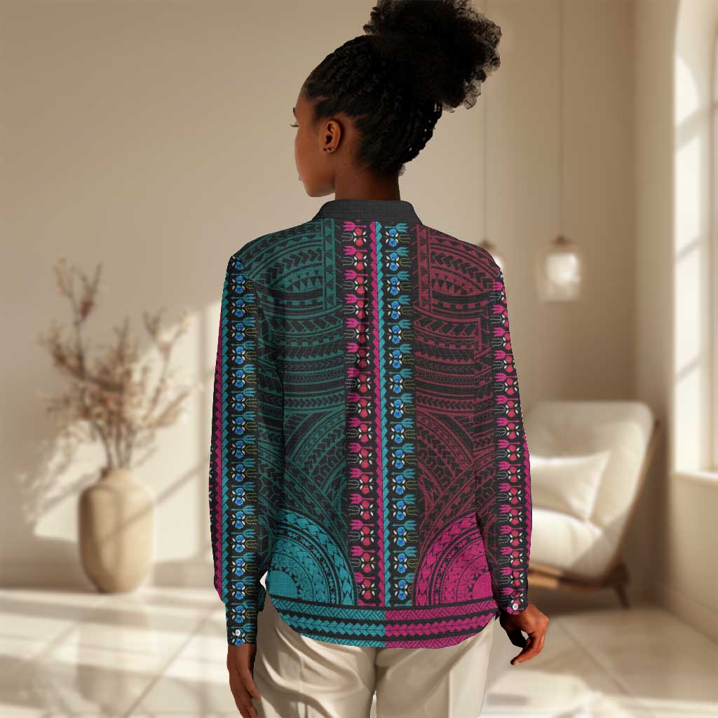 African Dashiki and Polynesian Pattern Women Casual Shirt Half Teal-Pink LT9