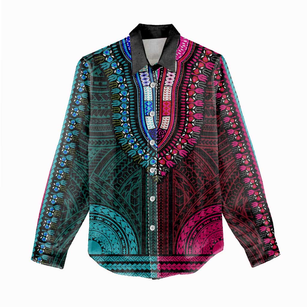 African Dashiki and Polynesian Pattern Women Casual Shirt Half Teal-Pink LT9