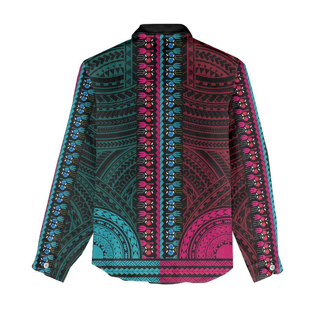 African Dashiki and Polynesian Pattern Women Casual Shirt Half Teal-Pink LT9