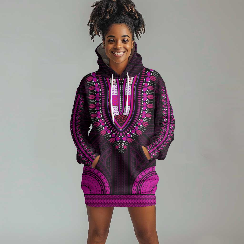 African Dashiki and Polynesian Pattern Hoodie Dress Pink LT9