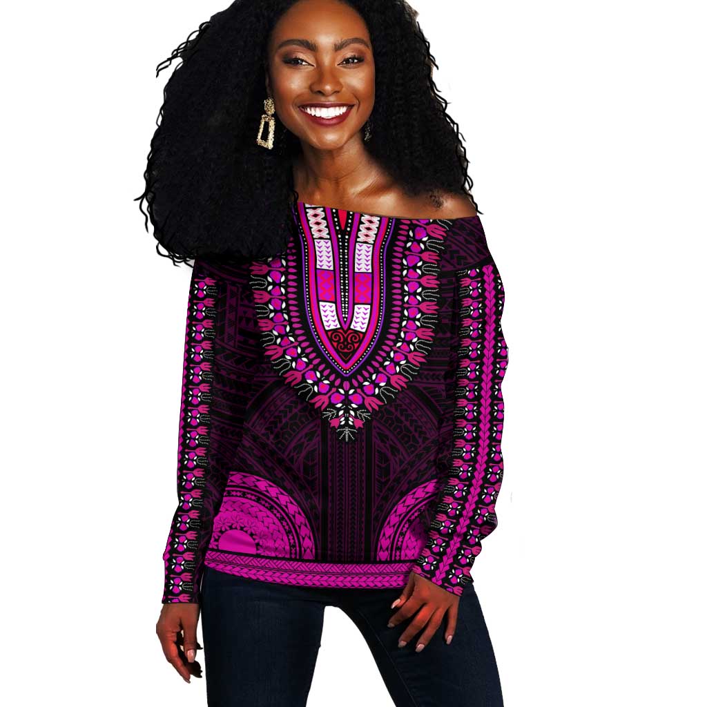 African Dashiki and Polynesian Pattern Off Shoulder Sweater Pink LT9