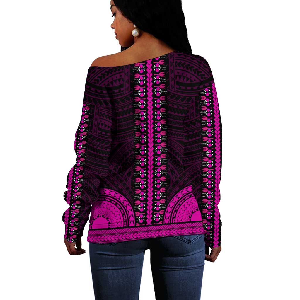 African Dashiki and Polynesian Pattern Off Shoulder Sweater Pink LT9