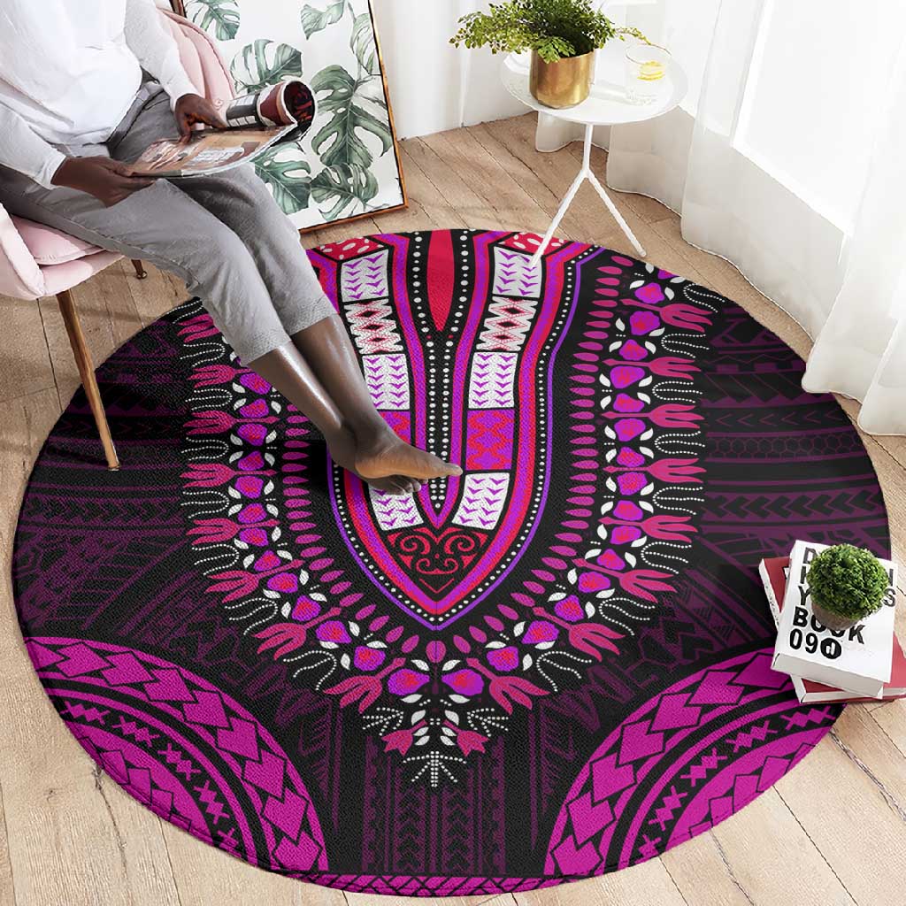 African Dashiki and Polynesian Pattern Round Carpet Pink LT9