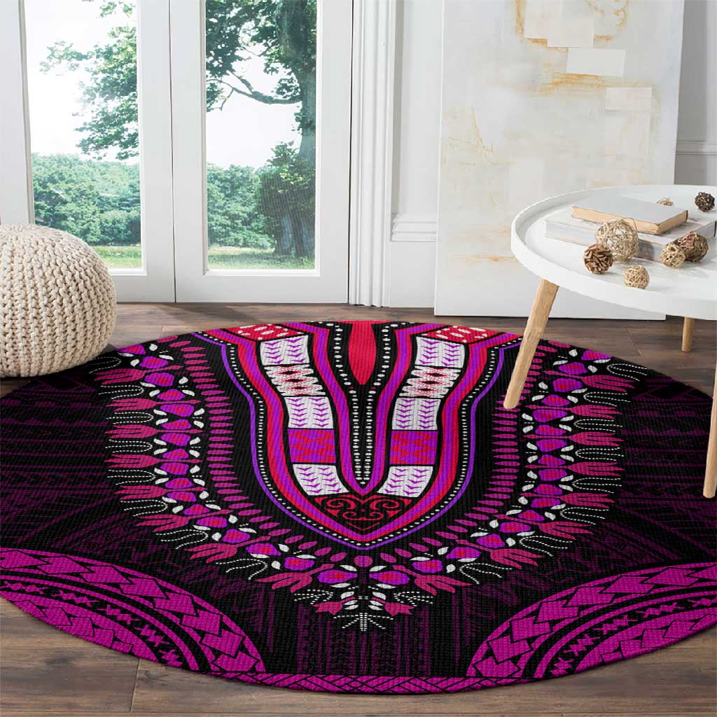 African Dashiki and Polynesian Pattern Round Carpet Pink LT9