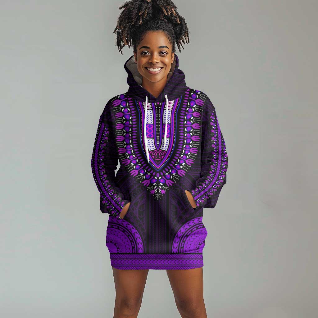 African Dashiki and Polynesian Pattern Hoodie Dress Purple LT9