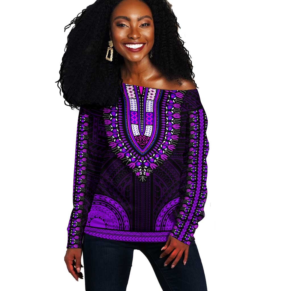 African Dashiki and Polynesian Pattern Off Shoulder Sweater Purple LT9