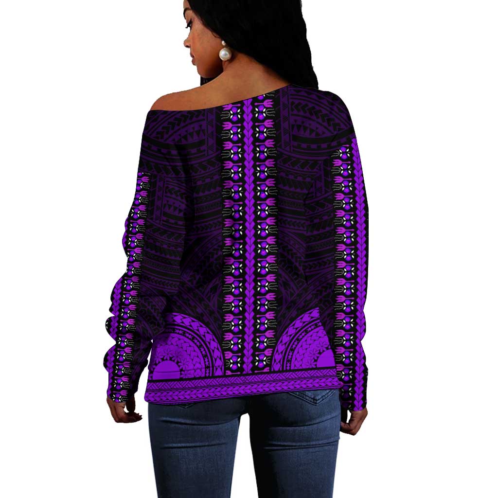 African Dashiki and Polynesian Pattern Off Shoulder Sweater Purple LT9