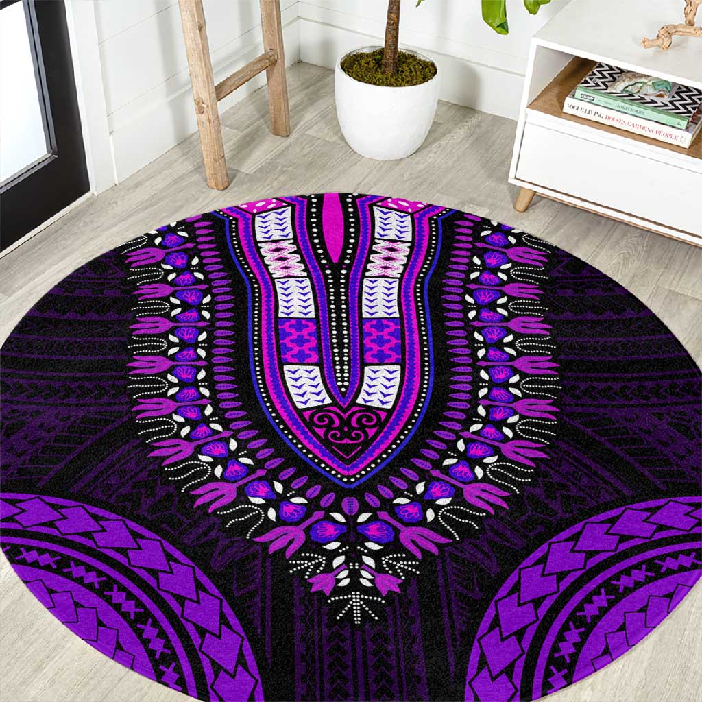 African Dashiki and Polynesian Pattern Round Carpet Purple LT9