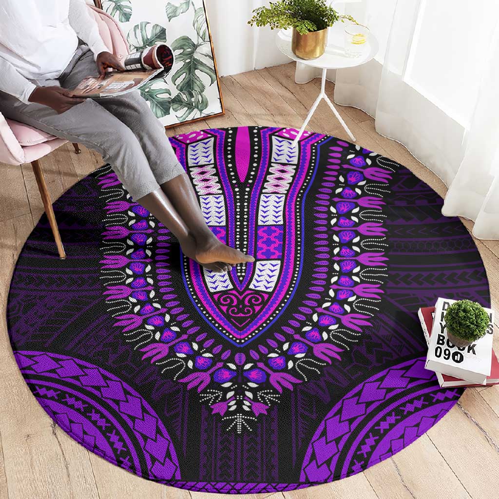 African Dashiki and Polynesian Pattern Round Carpet Purple LT9