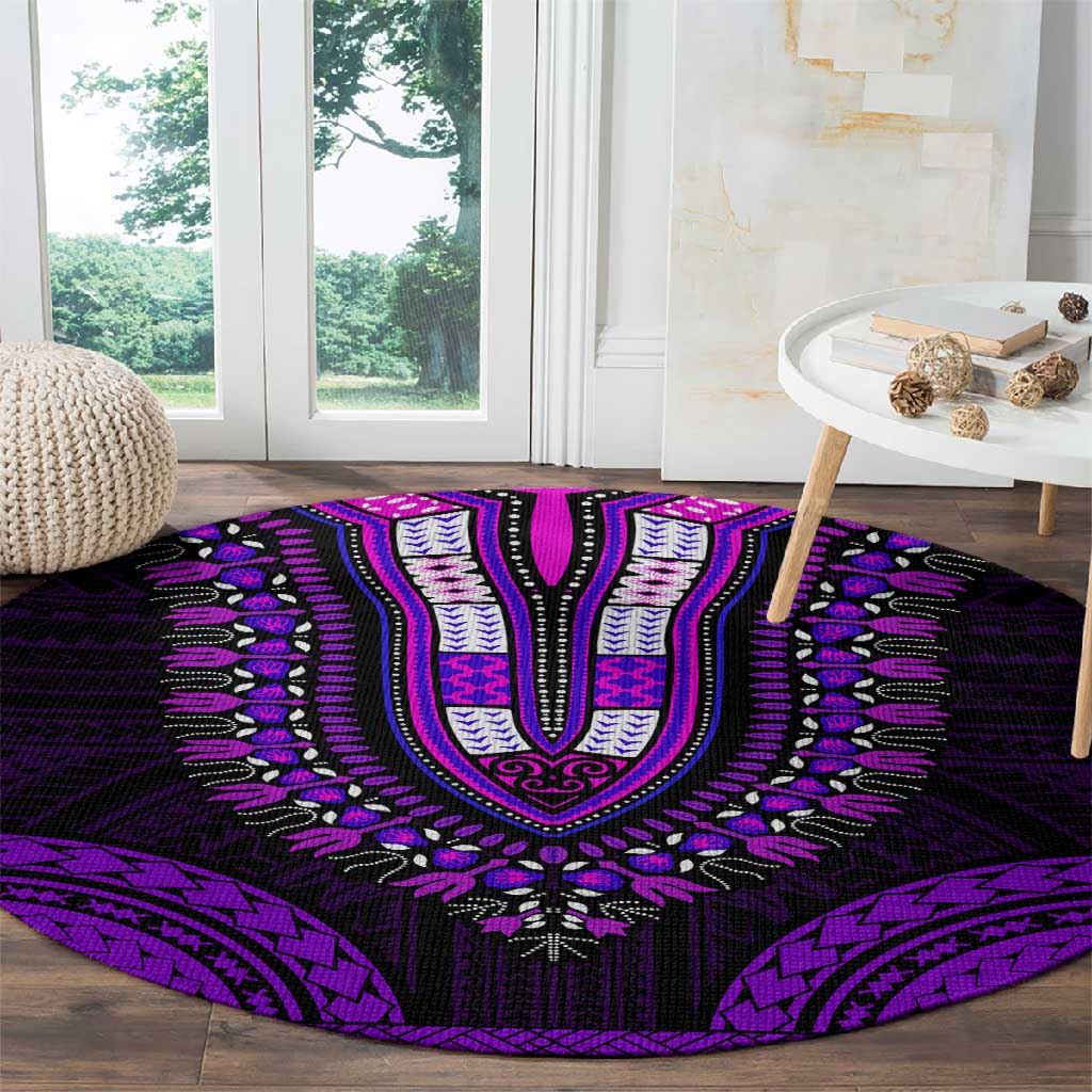 African Dashiki and Polynesian Pattern Round Carpet Purple LT9