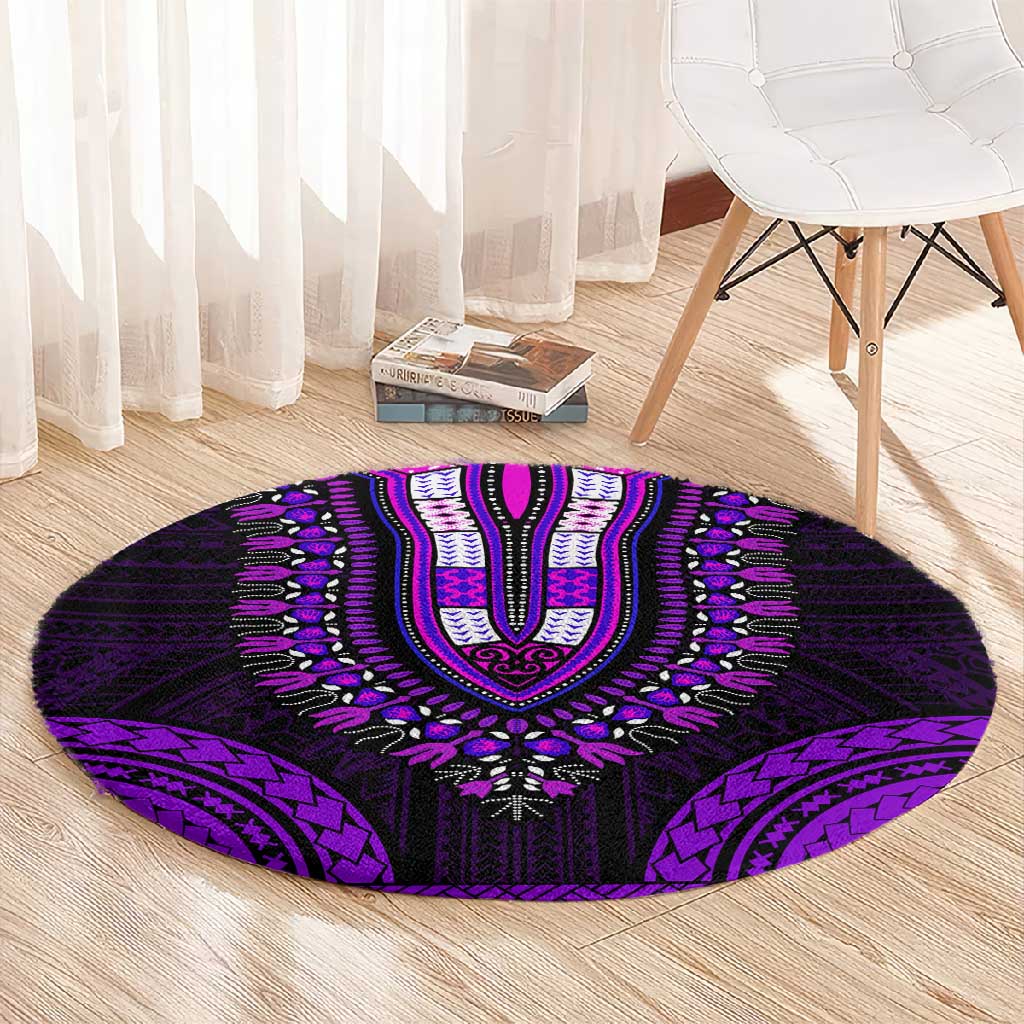 African Dashiki and Polynesian Pattern Round Carpet Purple LT9