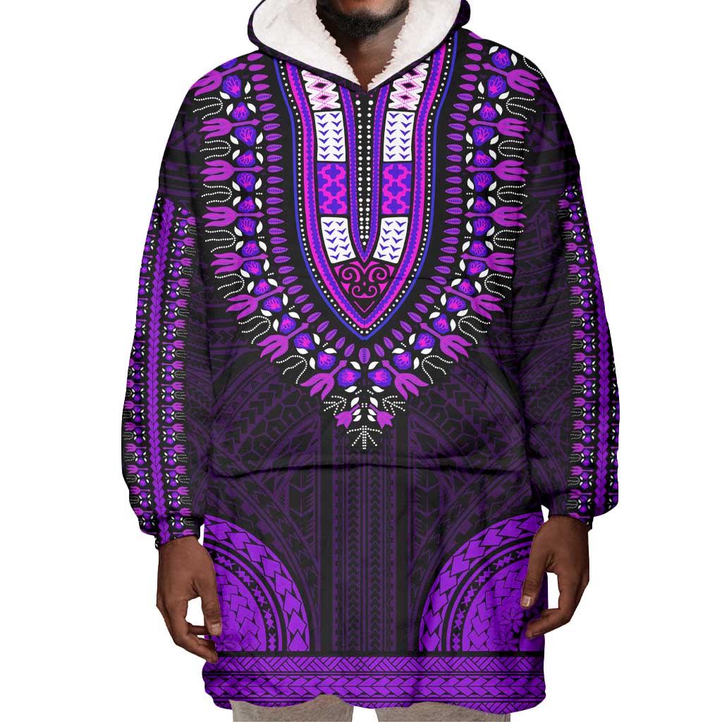 African Dashiki and Polynesian Pattern Wearable Blanket Hoodie Purple LT9