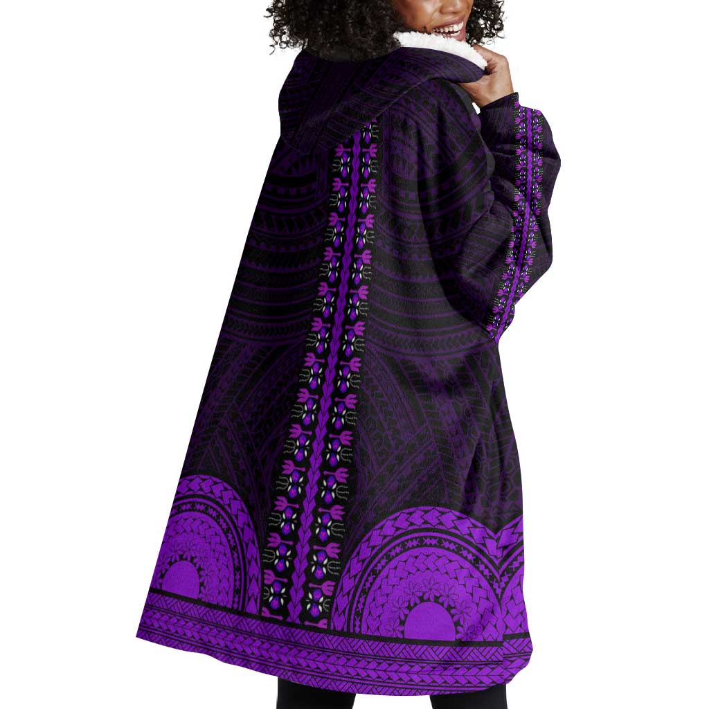African Dashiki and Polynesian Pattern Wearable Blanket Hoodie Purple LT9