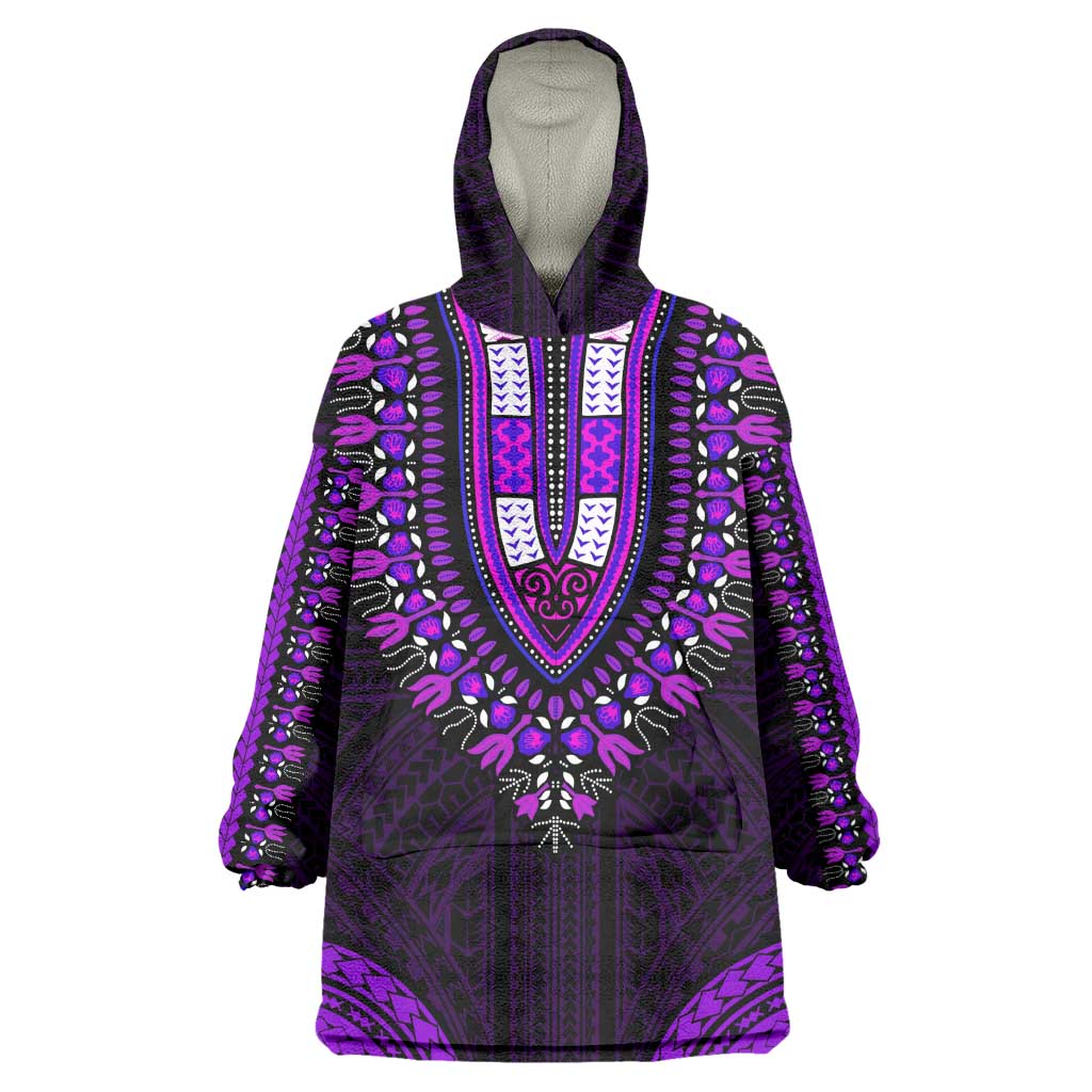 African Dashiki and Polynesian Pattern Wearable Blanket Hoodie Purple LT9