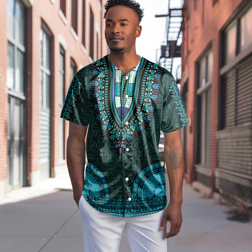 Teal Dashiki and Tapa Pattern Baseball Jersey Africa-Polynesia Together Culture LT9